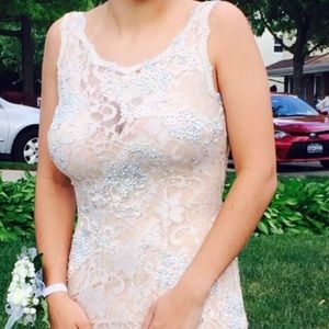 Jovanni Lace and Rhinestone Fitted Nude Dress